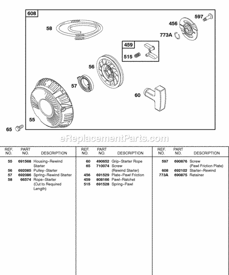 Rewind Starter Diagram and Parts List for 247437-0111-B1  Briggs and Stratton Engine